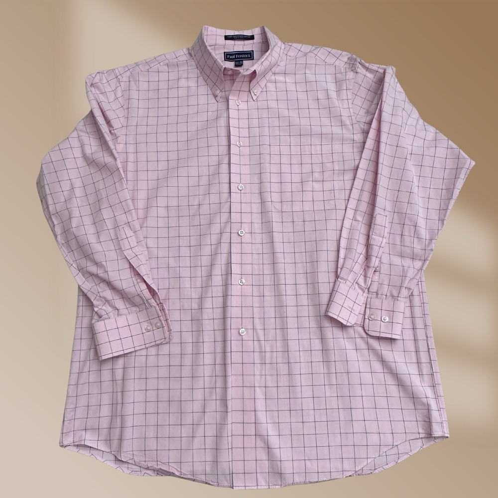 Paul Fredrick Men's Pink & Gray Plaid Button Down Collard Shirt Size 16 1/2 - 33 - Picture 2 of 4